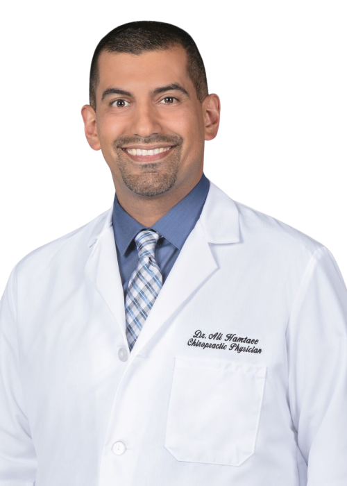 Heashot photo of Dr. Ali Hamtaee, chiropractor at Sebring & Dundee Medical Injury Centers: Spine Correction, smiling and wearing a dress shirt, tie and white medical jacket with his name and office embroidered aboe left chest pocket.