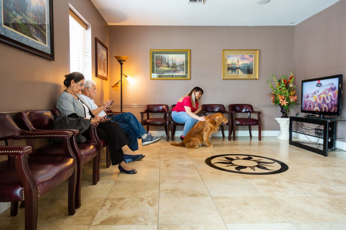 View of waiting room at Florida Spine & Injury Institute. Window on the left wall with chairs lined along the same wall with two patients sitting. Two framed pictures on the back wall with chairs lined up along the same wall with a patient sitting in one chair with a service dog sitting on the tile floor in front of her. Lamp in the corner where the two walls connect.