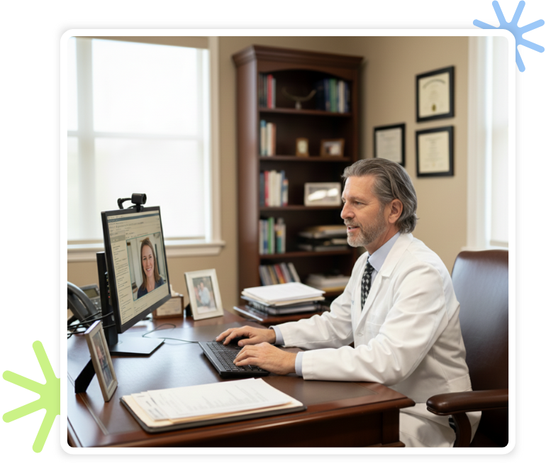 florida-car-accident-telemedicine-visit a doctor in a white lab coat sitting at a desk in front of a computer screen conducting a telehealth visit