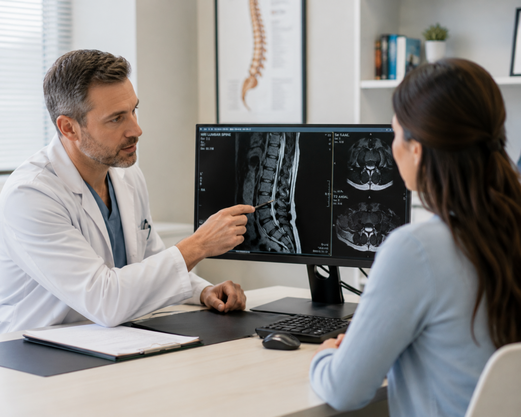 Physician reviewing an MRI scan during an injury care consultation