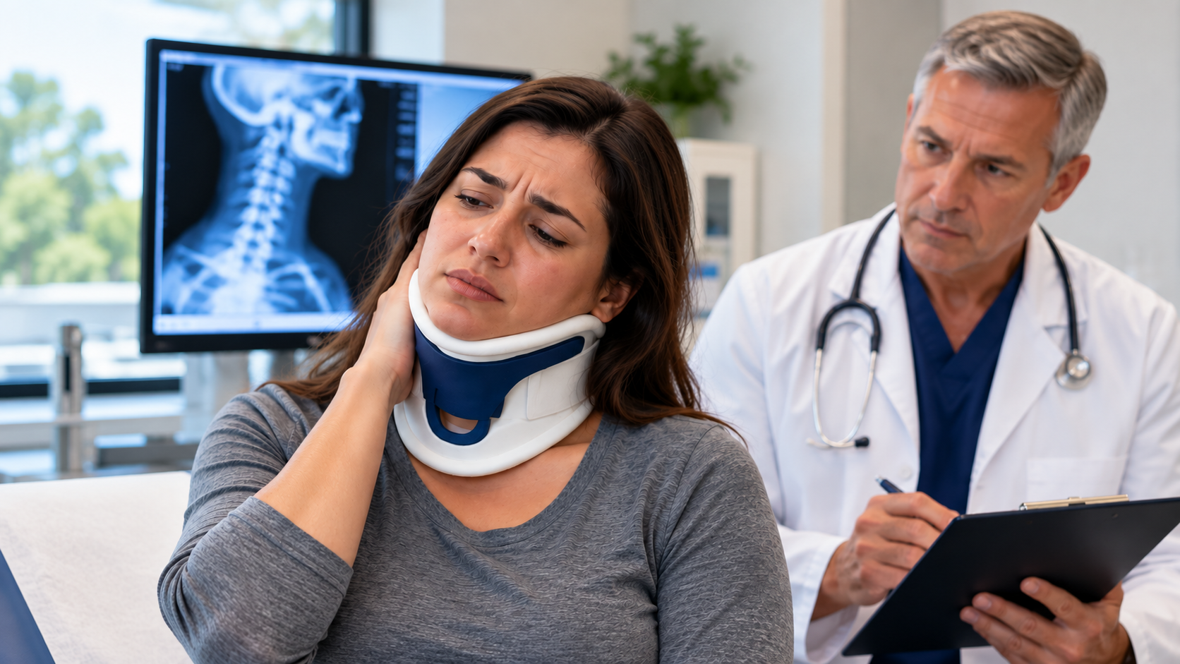 Patient wearing a cervical collar during a physician evaluation after an injury