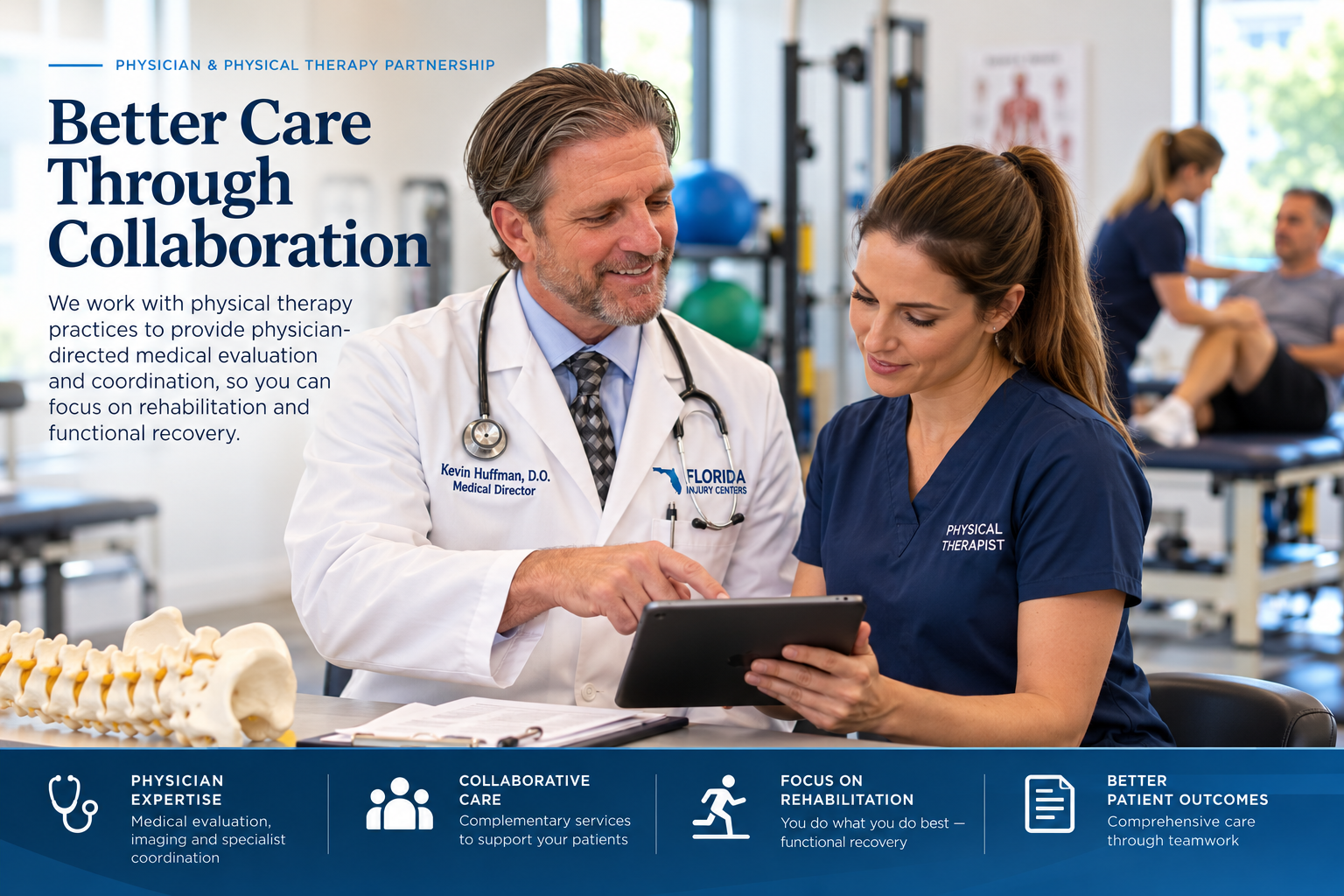 AI-generated illustration of Dr. Kevin Huffman collaborating with a physical therapist in a rehabilitation clinic