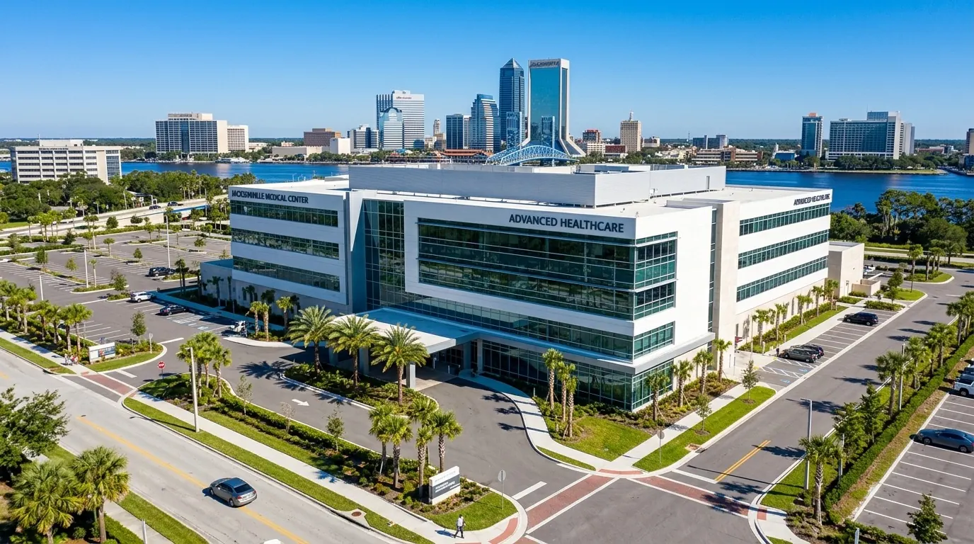 Aerial view of a healthcare building with the Jacksonville, Florida skyline in the background