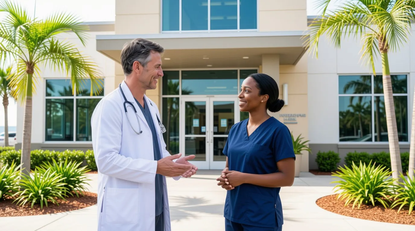 Physician speaking with a healthcare professional outside a medical facility in Pensacola, Florida