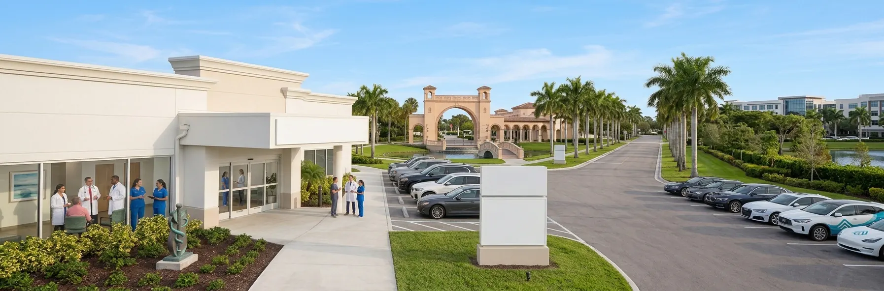 Exterior of a medical clinic with healthcare staff and palm-lined grounds in Sarasota, Florida