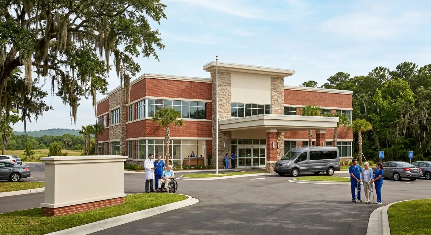Exterior of a medical care facility with patients and healthcare staff in Tallahassee, Florida